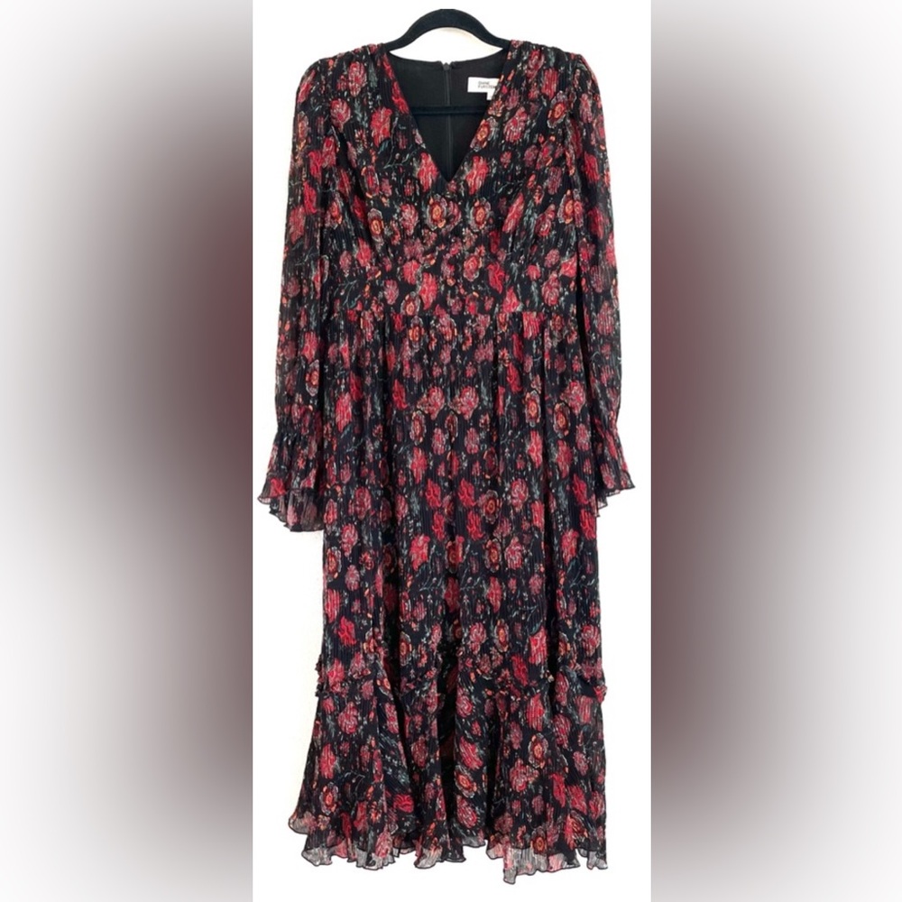 DIANE VON FURSTENBERG Shazia Floral Print Ruffled Chiffon Midi Dress Size 14